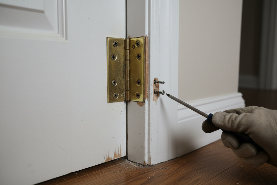 Problem photo – Squeaky door hinges and sagging doors (hinge wear, loose screws, alignment)