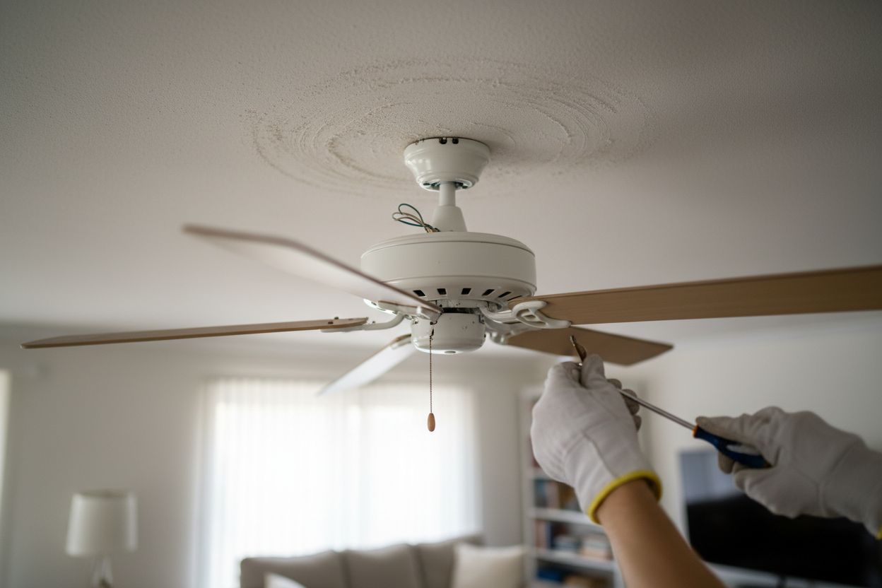 Problem photo – Ceiling fan wobbling or clicking (balancing, loose screws, mount check, safe steps)