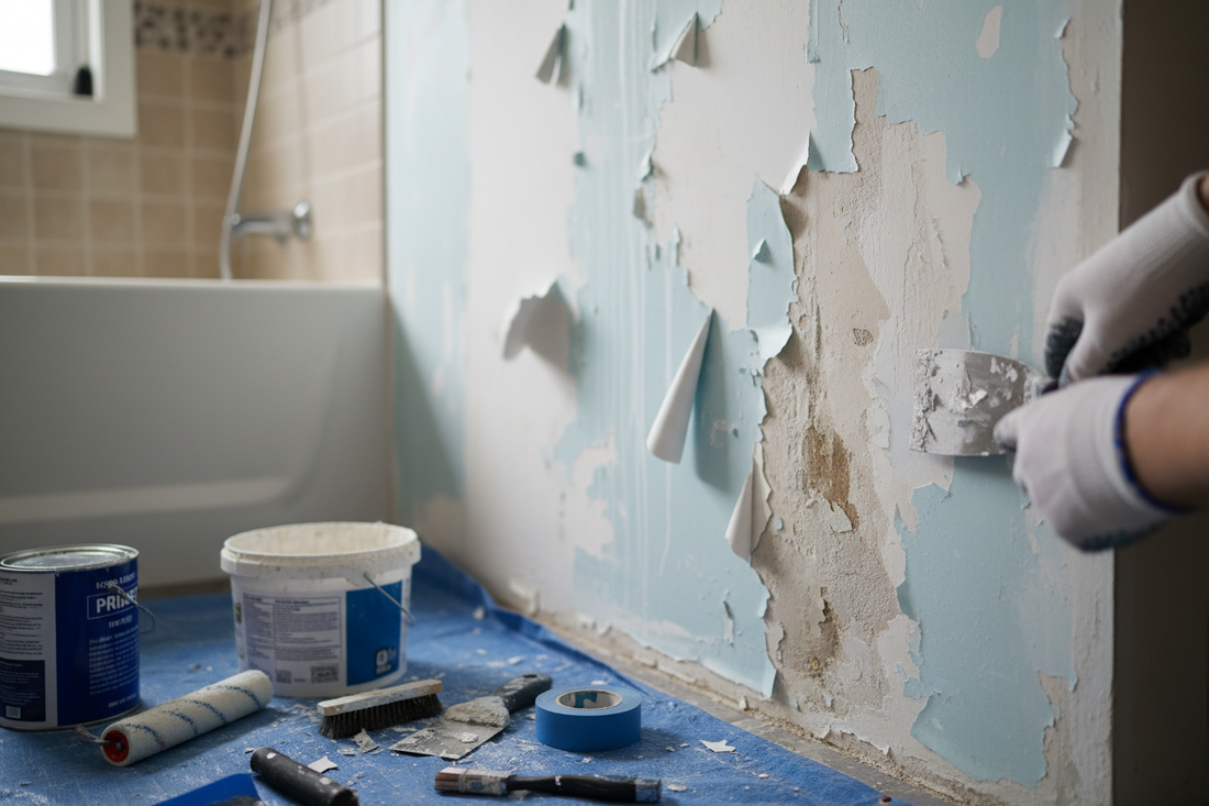 Problem photo – Peeling paint in bathroom (moisture root cause, prep, repaint steps)